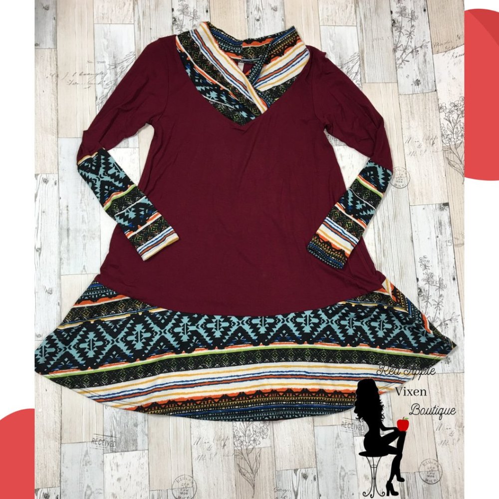 Burgundy and Aztec Print Dress Size Small and Medium